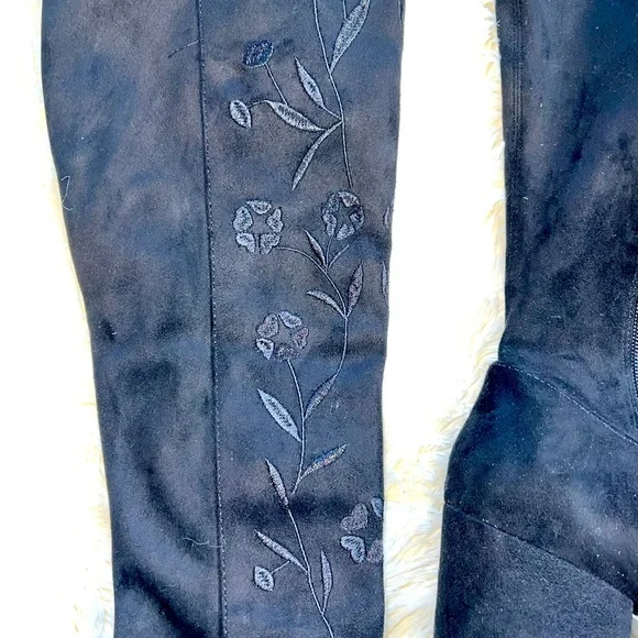 CAFE NOIR Embroidered Knee High Women’s Black Suede Boots, Italian Made EU37 US7 - Picture 6 of 8